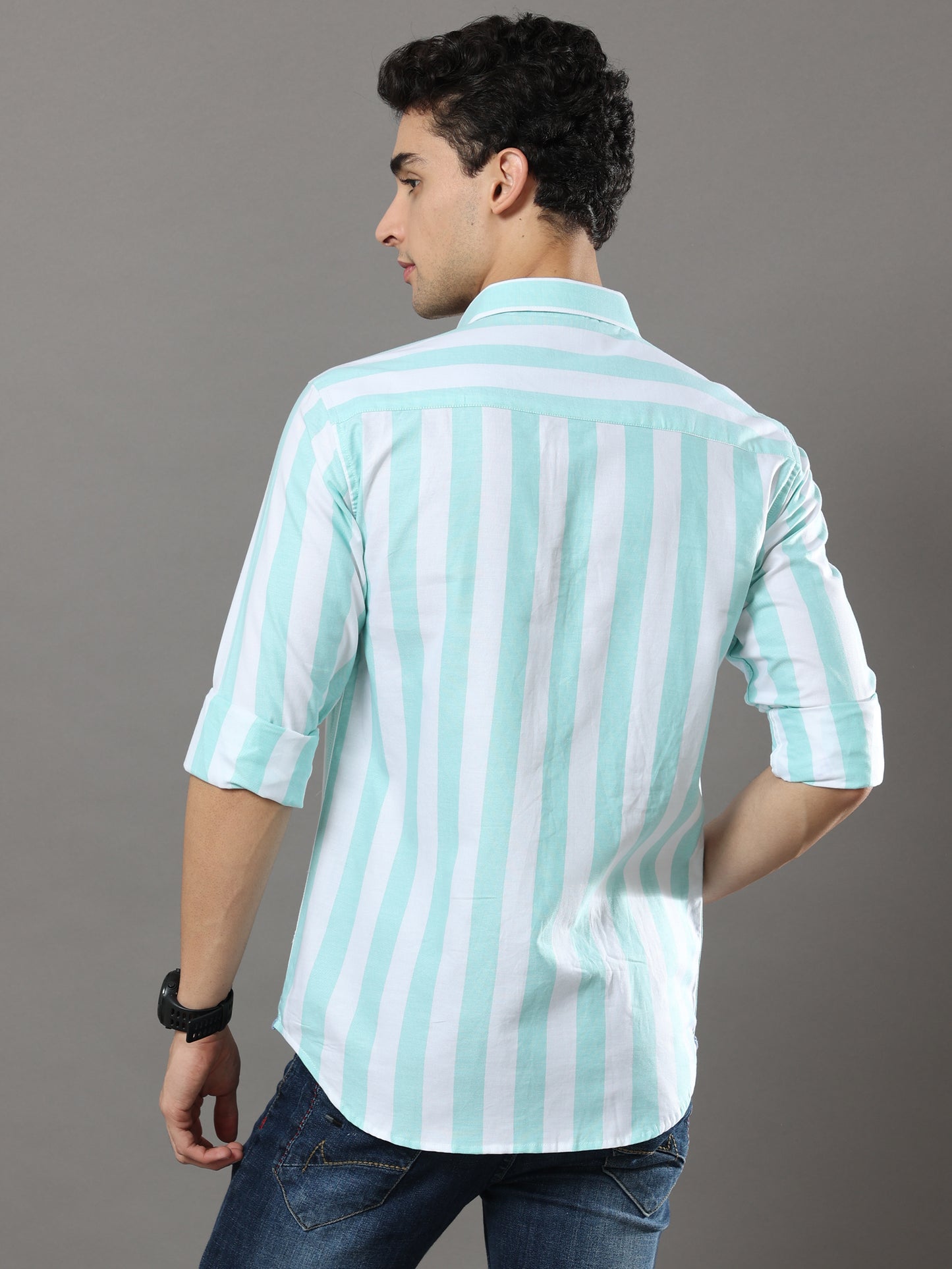 Sea Green And White Stripes Shirt